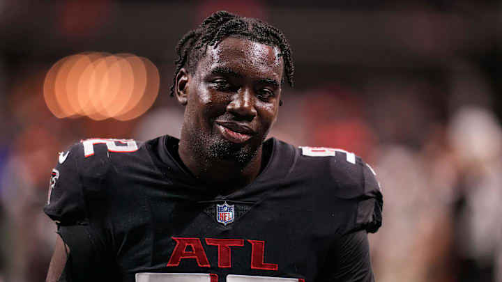 Aug 29, 2021; Atlanta, Georgia, USA; Atlanta Falcons linebacker Adetokunbo Ogundeji (92) on the field at Mercedes-Benz Stadium. Mandatory Credit: Dale Zanine-Imagn Images Aug 29, 2021; Atlanta, Georgia, USA; Atlanta Falcons linebacker Adetokunbo Ogundeji (92) on the field at Mercedes-Benz Stadium. Mandatory Credit: Dale Zanine-Imagn Images