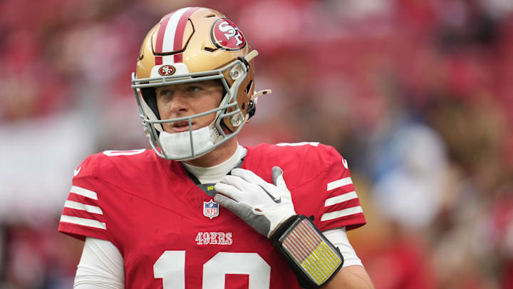 Dec 14, 2025; Santa Clara, California, USA;  San Francisco 49ers quarterback Mac Jones (10) warms up prior to the first half against the Tennessee Titans at Levi's Stadium. Mandatory Credit: Cary Edmondson-Imagn Images