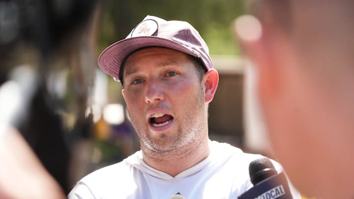 ASU head coach Kenny Dillingham speaks to the media after the team held their first day of practice at Camp Tontozona on Aug. 6, 2025.