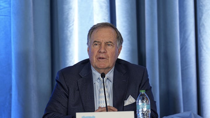 Dec 12, 2024; Chapel Hill, NC, USA; North Carolina Tar Heels new head coach Bill Belichick speaks to those attending at Loudermilk Center for Excellence. Mandatory Credit: Jim Dedmon-Imagn Images Dec 12, 2024; Chapel Hill, NC, USA; North Carolina Tar Heels new head coach Bill Belichick speaks to those attending at Loudermilk Center for Excellence. Mandatory Credit: Jim Dedmon-Imagn Images