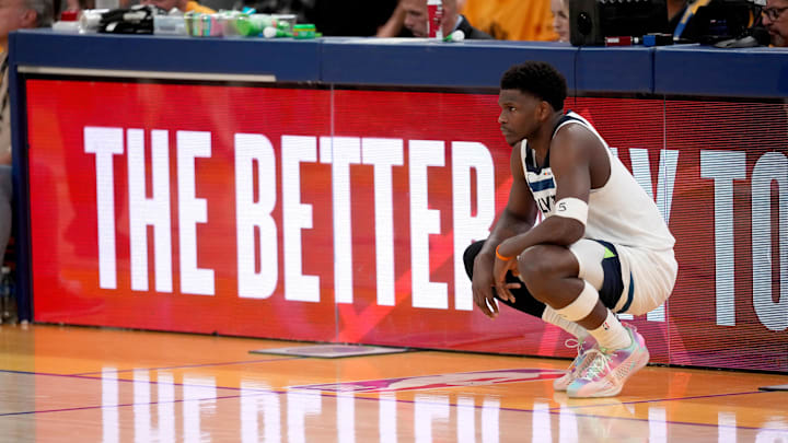 May 12, 2025; San Francisco, California, USA; Minnesota Timberwolves guard Anthony Edwards (5) waits to check back into the game against the Golden State Warriors in the fourth quarter during game four of the second round for the 2025 NBA Playoffs at Chase Center. Mandatory Credit: Cary Edmondson-Imagn Images