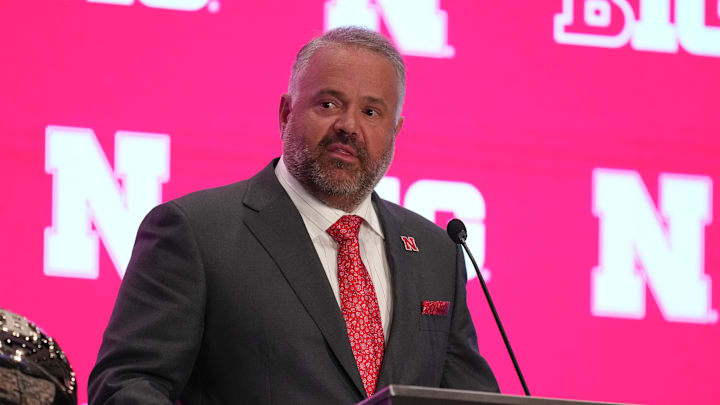 Jul 22, 2025; Las Vegas, NV, USA; Nebraska head coach Matt Rhule speaks to the media during the Big Ten NCAA college football media days at Mandalay Bay Resort. Mandatory Credit: Lucas Peltier-Imagn Images