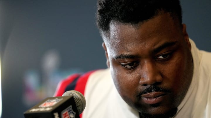 Feb 4, 2026; Santa Clara, CA, USA; New England Patriots defensive tackle Christian Barmore (90) speaks to the media at the Santa Clara Marriott.