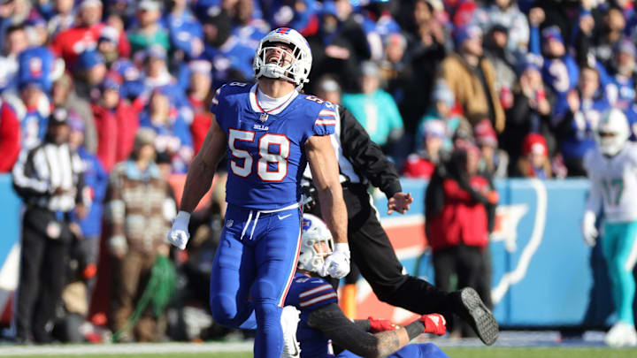 Bills linebacker Matt Milano celebrates one of four sacks of Miami   s Skylar Thompson.