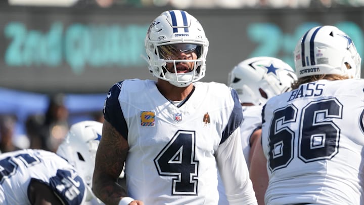 Dallas Cowboys quarterback Dak Prescott looks towards the sidelines during the first half against the New York Jets