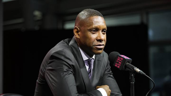 Sep 30, 2024; Toronto, Ontario, Canada; Toronto Raptors Vice-Chairman and Team President Masai Ujiri speaks to the media during media day at Scotiabank Area. Mandatory Credit: John E. Sokolowski-Imagn Images Sep 30, 2024; Toronto, Ontario, Canada; Toronto Raptors Vice-Chairman and Team President Masai Ujiri speaks to the media during media day at Scotiabank Area. Mandatory Credit: John E. Sokolowski-Imagn Images