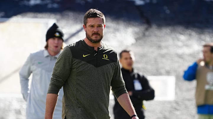 Nov 5, 2022; Boulder, Colorado, USA; Oregon Ducks head coach Dan Lanning before the game against the Colorado Buffaloes at Folsom Field. Mandatory Credit: Ron Chenoy-Imagn Images  head coach Dan Lanning