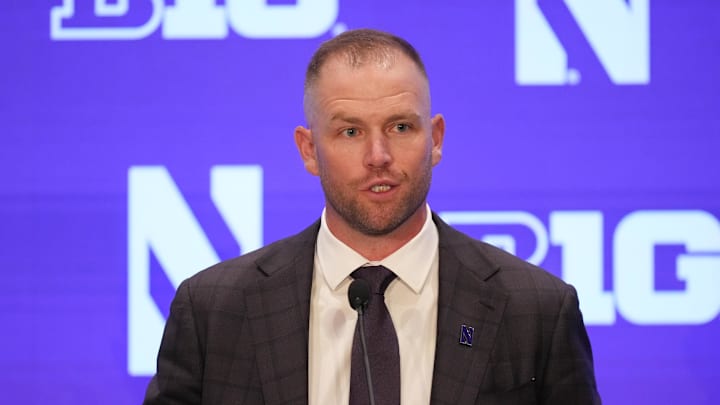Jul 23, 2025; Las Vegas, NV, USA; Northwestern head coach David Braun speaks to the media during the Big Ten NCAA college football media days at Mandalay Bay Resort. Mandatory Credit: Lucas Peltier-Imagn Images