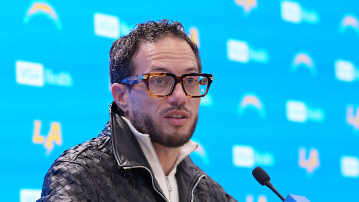January 27, 2026; El Segundo, California, USA; Los Angeles Chargers offensive coordinator Mike McDaniel speaks at introductory press conference at The Bolt. 