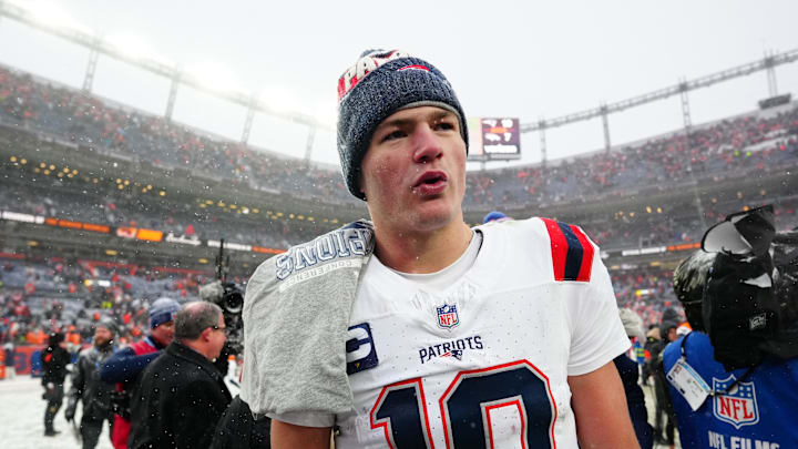 Jan 25, 2026; Denver, CO, USA;  New England Patriots quarterback Drake Maye (10) reacts after defeating the Denver Broncos in the 2026 AFC Championship Game at Empower Field at Mile High. 