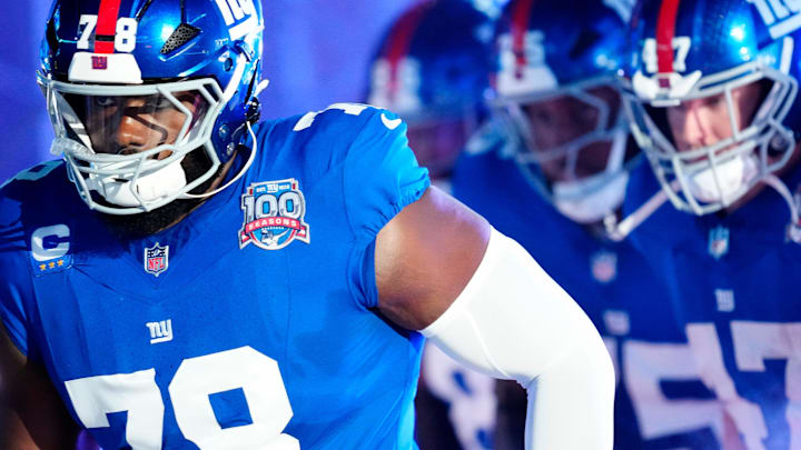 New York Giants offensive tackle Andrew Thomas (78) and his teammates run onto the field moments before kickoff, Sunday, October 13, 2024, in East Rutherford. New York Giants offensive tackle Andrew Thomas (78) and his teammates run onto the field moments before kickoff, Sunday, October 13, 2024, in East Rutherford.