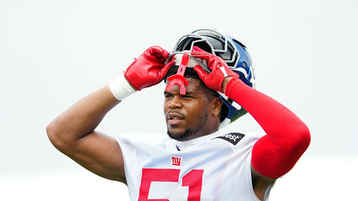 New York Giants linebacker Abdul Carter (51) is shown as he pauses from practice, Sunday, July 27, 2025, in East Rutherford.