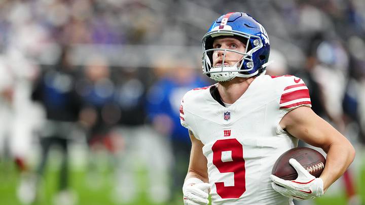 Dec 28, 2025; Paradise, Nevada, USA;  New York Giants wide receiver Ryan Miller (9) warms up before the game against the Las Vegas Raiders at Allegiant Stadium. Mandatory Credit: Stephen R. Sylvanie-Imagn Images