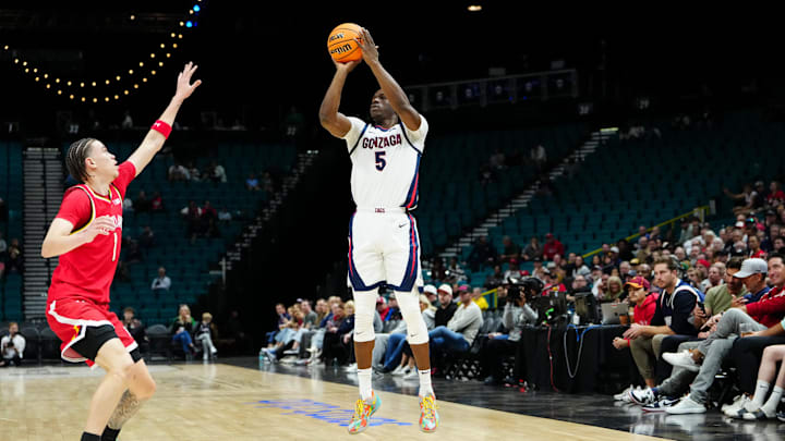 Nov 25, 2025; Las Vegas, NV, USA; Gonzaga Bulldogs forward Emmanuel Innocenti (5) shoots a three pointer in the first half against Maryland Terrapins in a 2025 Players Era Festival group play game at MGM Grand Garden Arena.