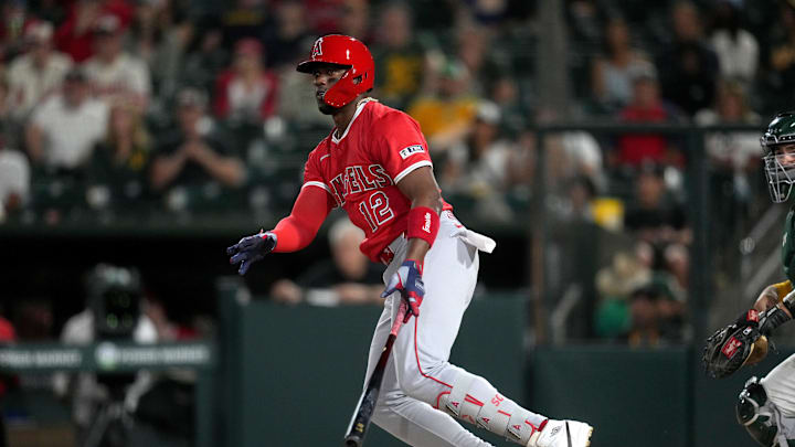 May 21, 2025; West Sacramento, Los Angeles Angels designated hitter Jorge Soler (12) hits a RBI double against the Athletics in the eighth inning at Sutter Health Park. Mandatory Credit: Cary Edmondson-Imagn Images