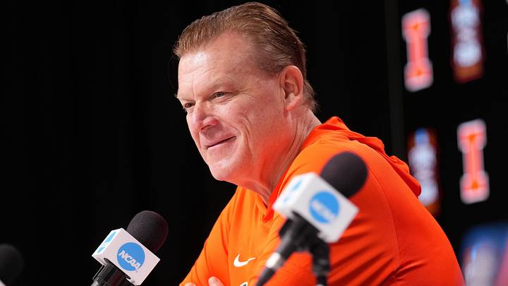 Apr 2, 2026; Indianapolis, IN, USA; Illinois head coach Brad Underwood during a press conference ahead of the Final Four of the men's 2026 NCAA Tournament at Lucas Oil Stadium. Mandatory Credit: Robert Deutsch-Imagn Images
