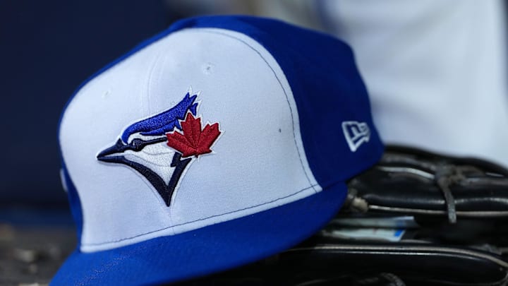 A detailed view of a Toronto Blue Jays hat.