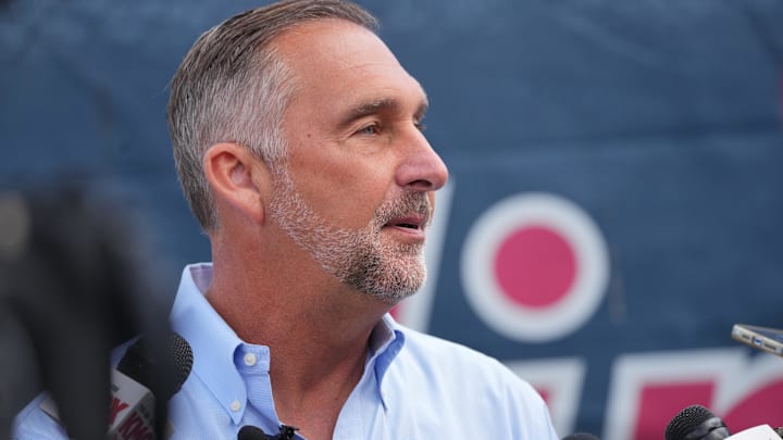 Feb 12, 2025; Jupiter, FL, USA;  St. Louis Cardinals president of baseball operations John Mozeliak takes questions from the media on the day pitchers and catchers report to Spring Training in Jupiter, Florida. Mandatory Credit: Jim Rassol-Imagn Images