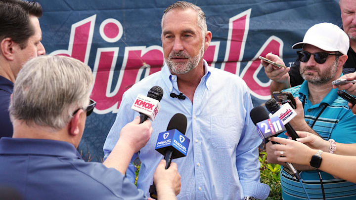 Feb 12, 2025; Jupiter, FL, USA;  St. Louis Cardinals president of baseball operations John Mozeliak takes questions from the media on the day pitchers and catchers report to Spring Training. Mandatory Credit: Jim Rassol-Imagn Images