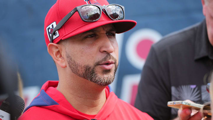Feb 12, 2025; Jupiter, FL, USA;  St. Louis Cardinals manager Oliver Marmol takes questions from the media on the day pitchers and catchers report to Spring Training. Mandatory Credit: Jim Rassol-Imagn Images.