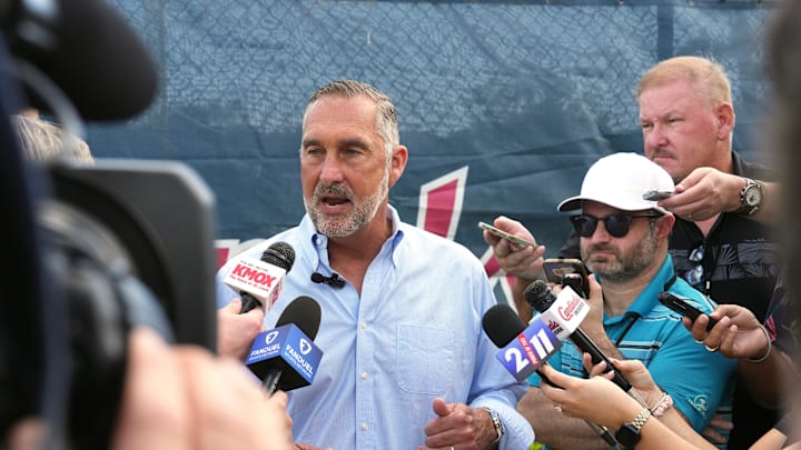 Feb 12, 2025; Jupiter, FL, USA;  St. Louis Cardinals president of baseball operations John Mozeliak takes questions from the media on the day pitchers and catchers report to Spring Training. Mandatory Credit: Jim Rassol-Imagn Images