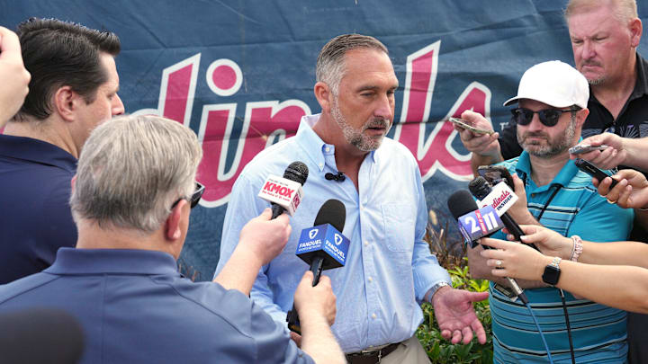 Feb 12, 2025; Jupiter, FL, USA; St. Louis Cardinals president of baseball operations John Mozeliak takes questions from the media on the day pitchers and catchers report to Spring Training. Mandatory Credit: Jim Rassol-Imagn Images Feb 12, 2025; Jupiter, FL, USA; St. Louis Cardinals president of baseball operations John Mozeliak takes questions from the media on the day pitchers and catchers report to Spring Training. Mandatory Credit: Jim Rassol-Imagn Images