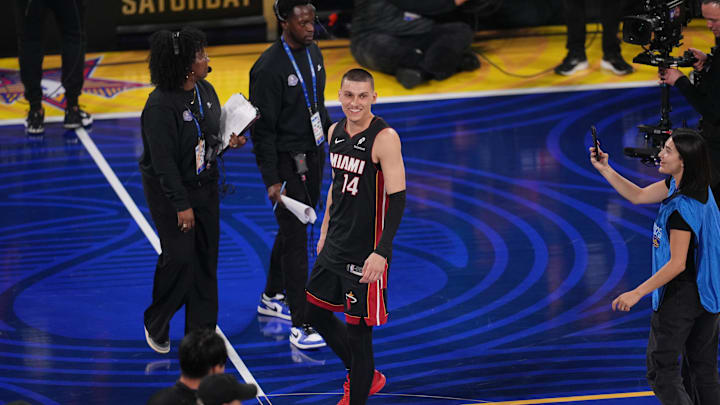 Feb 15, 2025; San Francisco, CA, USA; Miami Heat guard Tyler Herro (14) celebrates after winning the three-point contest during All Star Saturday Night ahead of the 2025 NBA All Star Game at Chase Center. Mandatory Credit: Cary Edmondson-Imagn Images Feb 15, 2025; San Francisco, CA, USA; Miami Heat guard Tyler Herro (14) celebrates after winning the three-point contest during All Star Saturday Night ahead of the 2025 NBA All Star Game at Chase Center. Mandatory Credit: Cary Edmondson-Imagn Images