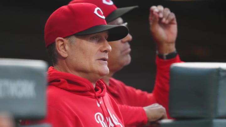 Jun 4, 2024; Denver, Colorado, USA; Cincinnati Reds manager David Bell (25) in the dugout during the first inning against the Colorado Rockies at Coors Field. Mandatory Credit: Ron Chenoy-USA TODAY Sports
