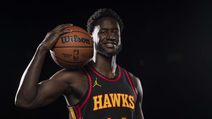 Oct 2, 2023; Atlanta, GA, USA; Atlanta Hawks guard AJ Griffin (14) photographed during Hawks Media Day. Mandatory Credit: Dale Zanine-USA TODAY Sports
