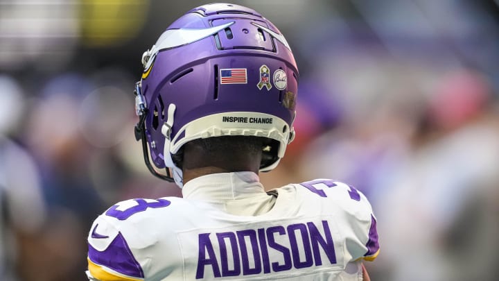 Nov 5, 2023; Atlanta, Georgia, USA; Minnesota Vikings wide receiver Jordan Addison (3) shown on the field prior to the game against the Atlanta Falcons at Mercedes-Benz Stadium. Mandatory Credit: Dale Zanine-USA TODAY Sports