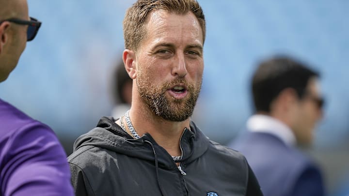 Oct 1, 2023; Charlotte, North Carolina, USA; Carolina Panthers wide receiver Adam Thielen (19) during pregame warm ups against the Minnesota Vikings at Bank of America Stadium. Mandatory Credit: Jim Dedmon-Imagn Images