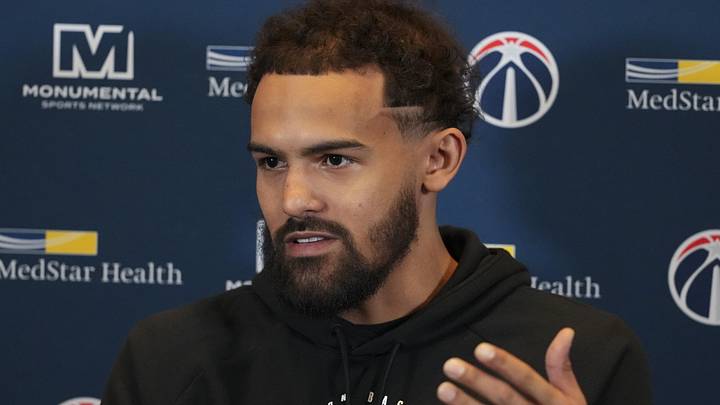 Feb 24, 2026; Atlanta, Georgia, USA; Washington Wizards guard Trae Young (3) meets with the media during his first return to play the Atlanta Hawks at State Farm Arena. Mandatory Credit: Dale Zanine-Imagn Images Feb 24, 2026; Atlanta, Georgia, USA; Washington Wizards guard Trae Young (3) meets with the media during his first return to play the Atlanta Hawks at State Farm Arena. Mandatory Credit: Dale Zanine-Imagn Images
