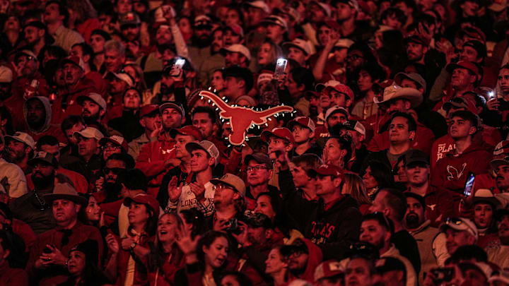 Texas Longhorns fans cheer against Clemson Tigers in the second half of an NCAA College Football Playoffs first round game at Darrell K Royal Texas Memorial Stadium, Austin, Texas, Saturday, Dec. 21, 2024.