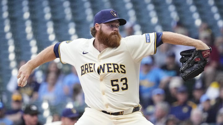 Aug 25, 2025; Milwaukee, Wisconsin, USA; Milwaukee Brewers pitcher Brandon Woodruff (53) delivers a pitch abasing the Arizona Diamondbacks in the first inning at American Family Field. Mandatory Credit: Michael McLoone-Imagn Images