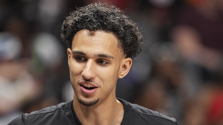 Apr 5, 2025; Atlanta, Georgia, USA; Atlanta Hawks forward Zaccharie Risacher (10) shown on the court before the game against New York Knicks at State Farm Arena. Mandatory Credit: Dale Zanine-Imagn Images Apr 5, 2025; Atlanta, Georgia, USA; Atlanta Hawks forward Zaccharie Risacher (10) shown on the court before the game against New York Knicks at State Farm Arena. Mandatory Credit: Dale Zanine-Imagn Images