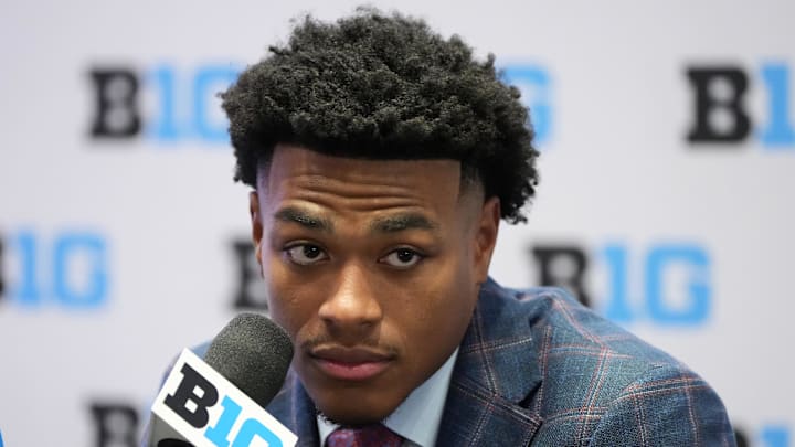 Jul 22, 2025; Las Vegas, NV, USA; Nebraska defensive back DeShon Singleton speaks to the media during the Big Ten NCAA college football media days at Mandalay Bay Resort. Mandatory Credit: Lucas Peltier-Imagn Images