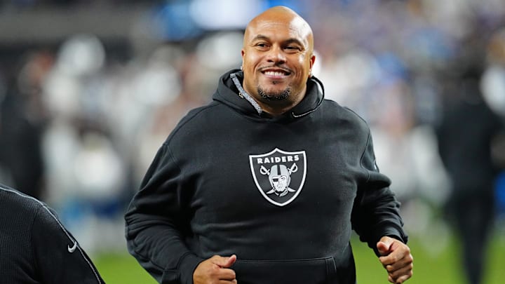 Jan 5, 2025; Paradise, Nevada, USA; Las Vegas Raiders head coach Antonio Pierce jogs off the field after the Raiders were defeated by the Los Angeles Chargers 34-20 at Allegiant Stadium. Mandatory Credit: Stephen R. Sylvanie-Imagn Images