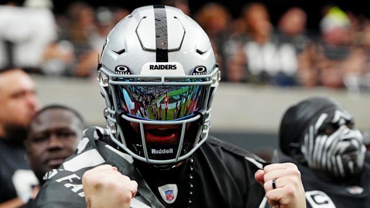 Oct 12, 2025; Paradise, Nevada, USA; Las Vegas Raiders fans look on during the game against the Tennessee Titans at Allegiant Stadium. Mandatory Credit: Stephen R. Sylvanie-Imagn Images