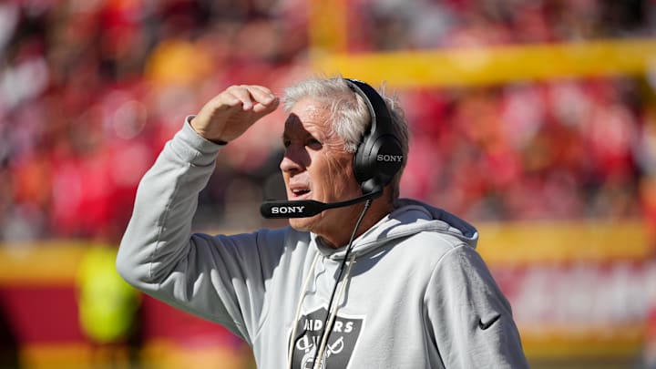 Oct 19, 2025; Kansas City, Missouri, USA; Las Vegas Raiders head coach Pete Carroll looks on during the second quarter of the game against the Kansas City Chiefs at GEHA Field at Arrowhead Stadium. Mandatory Credit: Denny Medley-Imagn Images