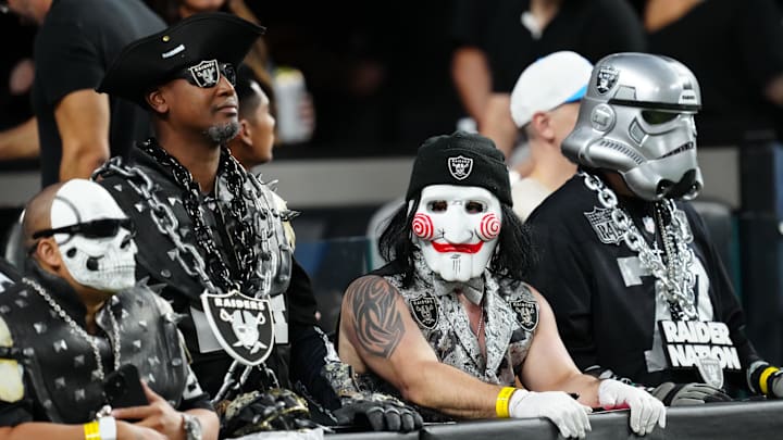 Sep 15, 2025; Paradise, Nevada, USA; Las Vegas Raiders fans look on before the game against the Los Angeles Chargers at Allegiant Stadium. Mandatory Credit: Stephen R. Sylvanie -Imagn Images Sep 15, 2025; Paradise, Nevada, USA; Las Vegas Raiders fans look on before the game against the Los Angeles Chargers at Allegiant Stadium. Mandatory Credit: Stephen R. Sylvanie -Imagn Images
