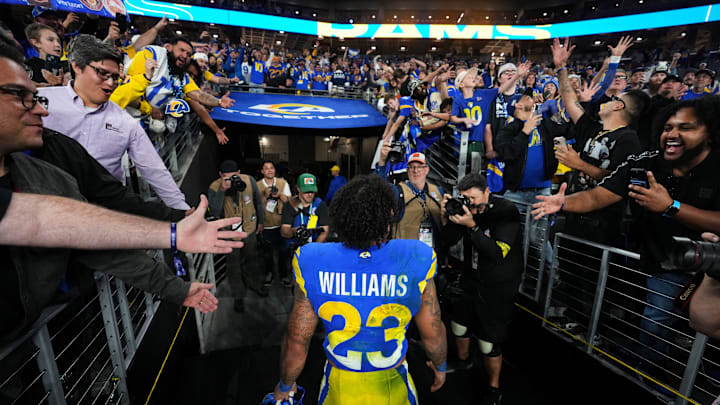 Los Angeles Rams running back Kyren Williams (23) walks off the field after their 27-9 playoff win over the Minnesota Vikings at State Farm Stadium on Jan. 13, 2025, in Glendale.