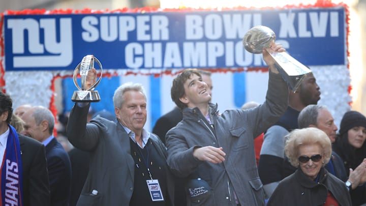 The New York Giants have their parade up Broadway, being honored as Super Bowl champions. Co-owner Steve Tisch and Eli Manning celebrate as their float goes up Broadway on Feb. 7, 2012. The New York Giants have their parade up Broadway, being honored as Super Bowl champions. Co-owner Steve Tisch and Eli Manning celebrate as their float goes up Broadway on Feb. 7, 2012.