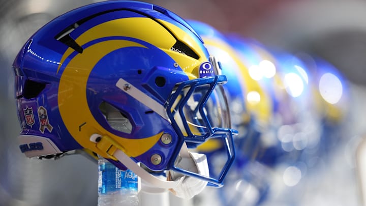 Nov 9, 2025; Santa Clara, California, USA; A Los Angeles Rams helmet is seen on the sideline prior to the game against the San Francisco 49ers at Levi's Stadium. Mandatory Credit: Cary Edmondson-Imagn Images
