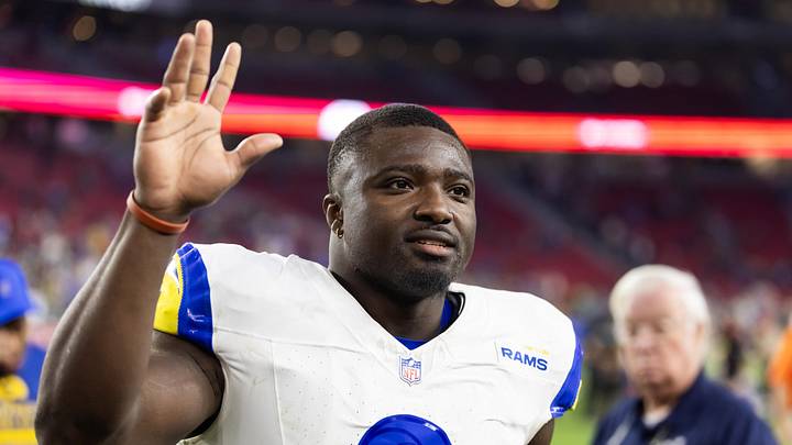 Dec 7, 2025; Glendale, Arizona, USA; Los Angeles Rams linebacker Byron Young (0) against the Arizona Cardinals at State Farm Stadium. Mandatory Credit: Mark J. Rebilas-Imagn Images