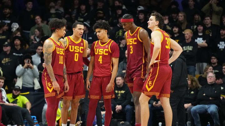 Jan 13, 2024; Boulder, Colorado, USA; Several USC Trojans confer.