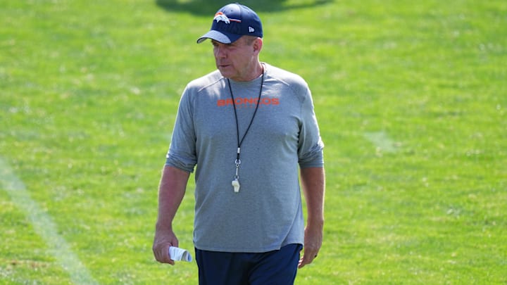 Jul 29, 2023; Englewood, CO, USA; Denver Broncos head coach Sean Payton during training camp drills