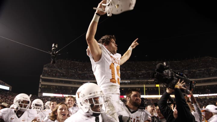 Texas Longhorns kicker Justin Tucker (19) is carried off the field after a win over rival Texas A&M. Texas Longhorns kicker Justin Tucker (19) is carried off the field after a win over rival Texas A&M.