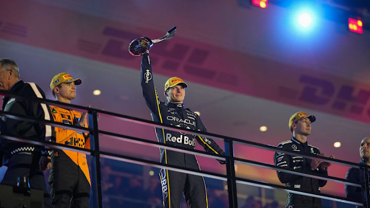 Nov 22, 2025; Las Vegas, NV, USA; Red Bull Racing driver Max Verstappen (1) celebrates after winning the Las Vegas Grand Prix at the Las Vegas Strip Circuit. Mandatory Credit: Lucas Peltier-Imagn Images