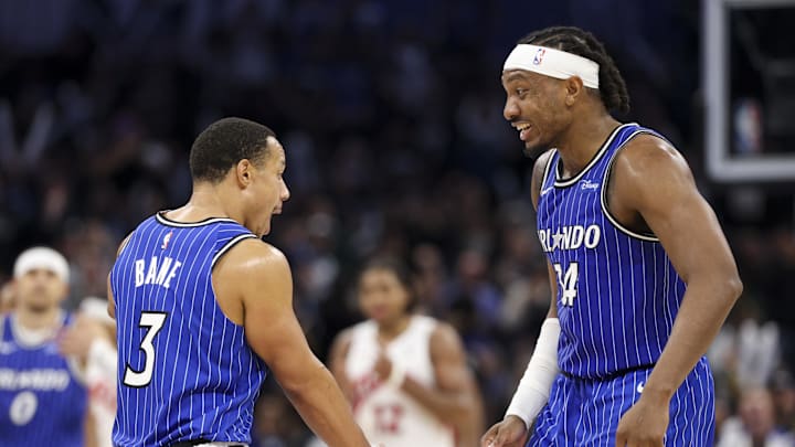 Jan 30, 2026; Orlando, Florida, USA; Orlando Magic guard Desmond Bane (3) and center Wendell Carter Jr. (34) react after basket against the Toronto Raptors in the fourth quarter at Kia Center. Mandatory Credit: Nathan Ray Seebeck-Imagn Images
