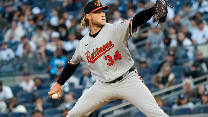 Shane Baz, of the Orioles, gets ready to deliver a pitch, Monday, May 4, 2026, at Yankee Stadium. Shane Baz, of the Orioles, gets ready to deliver a pitch, Monday, May 4, 2026, at Yankee Stadium.
